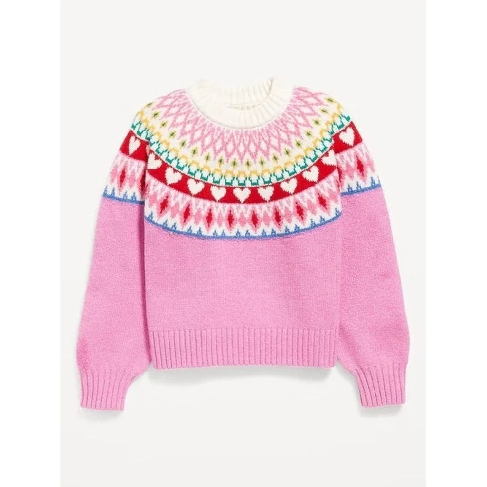 Old Navy Girl's SoSoft Mock Neck Pullover Sweater - Pink Fair Isle - Sz S (6/7)